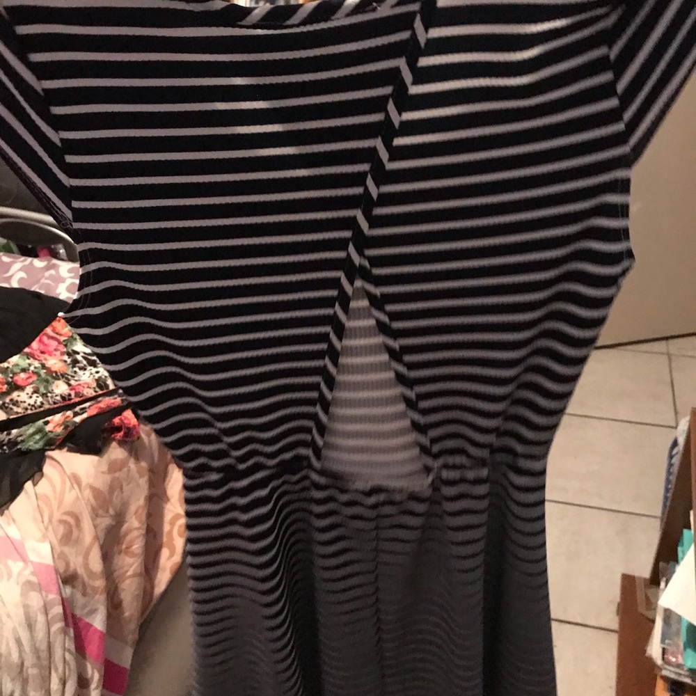 blue and white strip dress with keyhole back